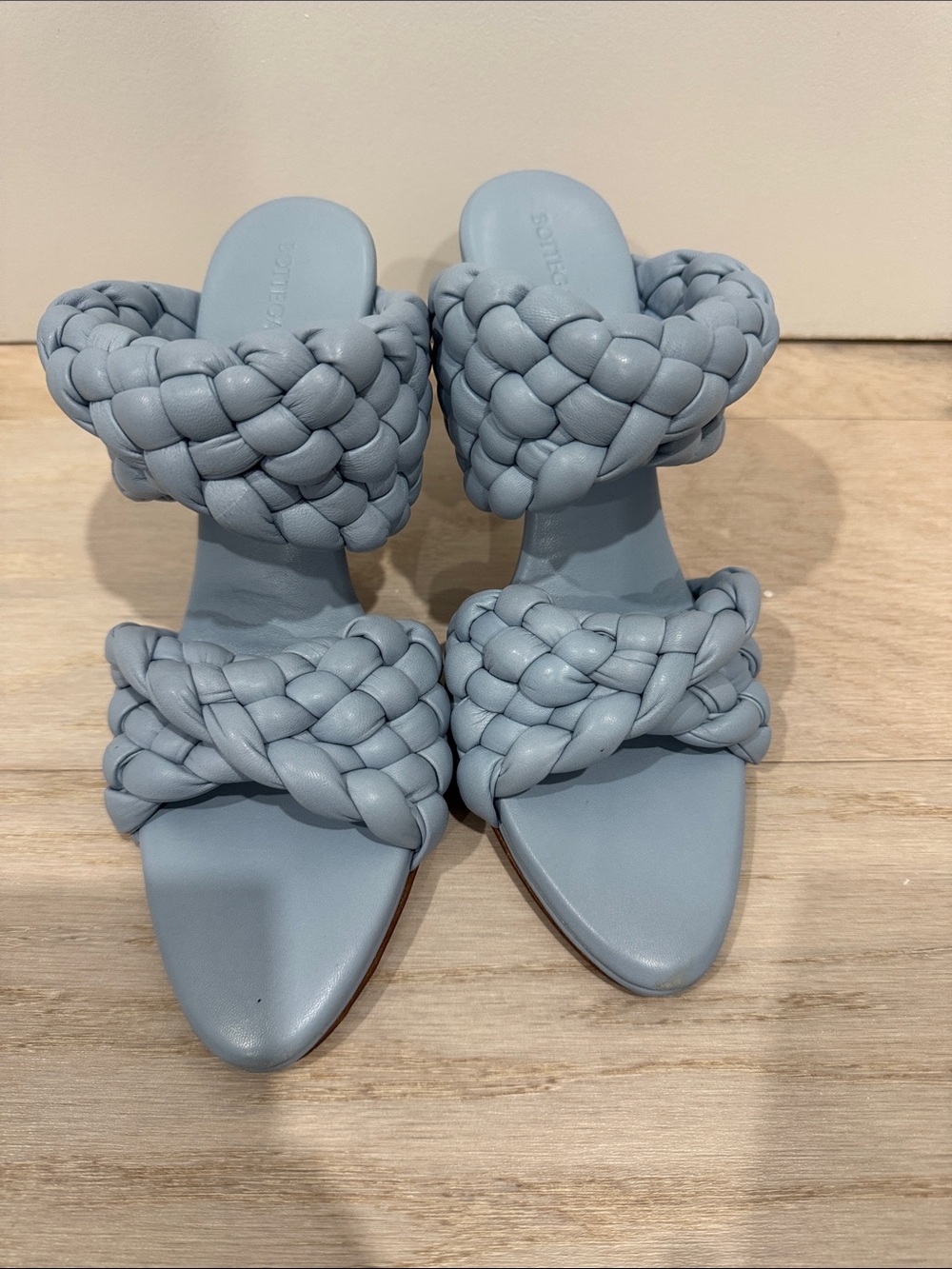 Bottega Veneta Braided Double-Strap Slide Heels — Light Blue